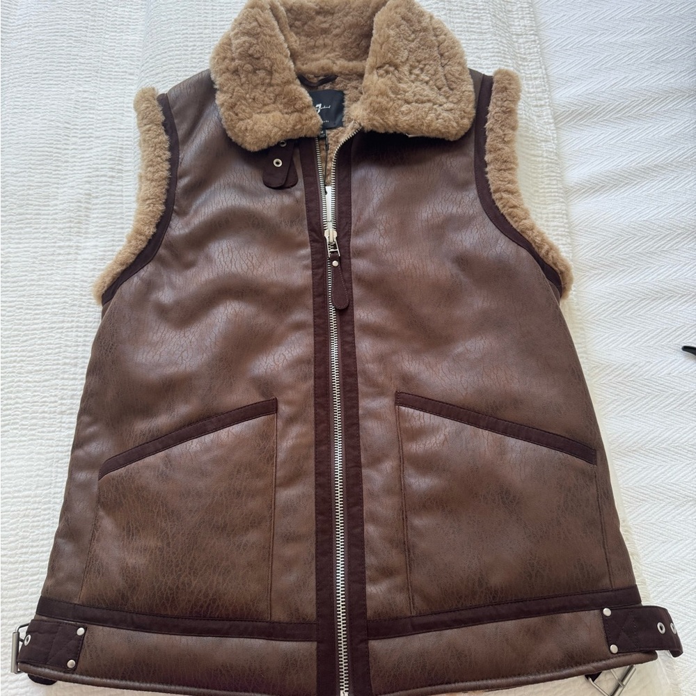 7 For All Mankind Brown Quilted Vest with Shearling Collar